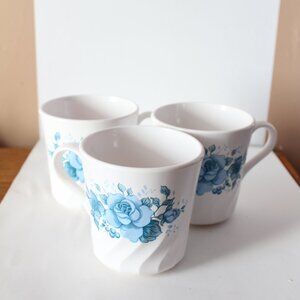 Lot of 3 Corelle Blue Velvet Rose Coffee Mugs/Cups